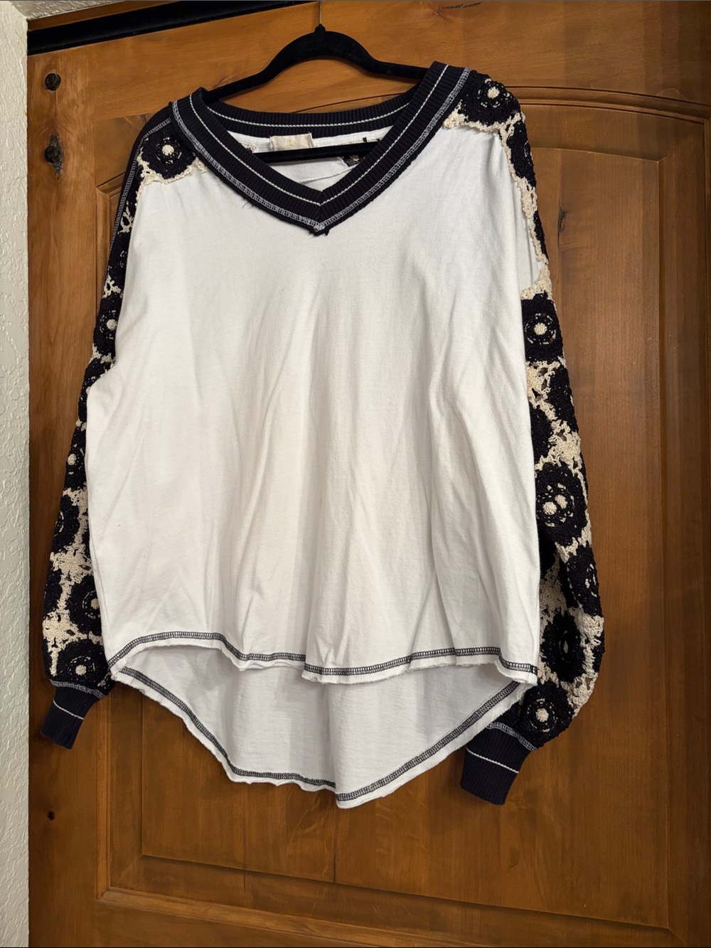 Women's White V-Neck Pullover Top with Navy Crochet Sleeves